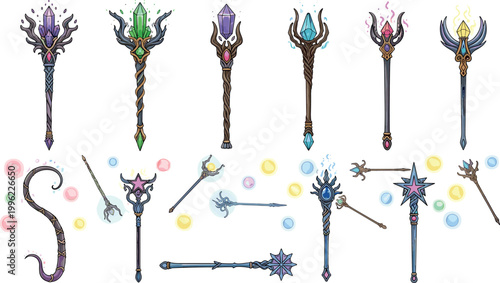 Fantasy magic staff and wand collection with glowing crystals mystical weapons set detailed vector illustration isolated on background