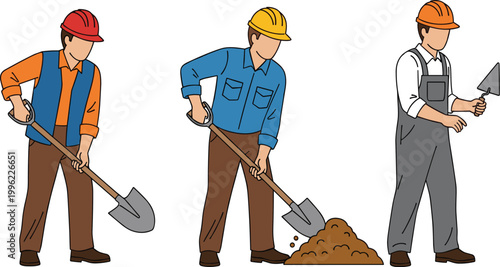 Construction workers digging and masonry set with shovel and trowel tools in professional uniform flat cartoon vector illustration style