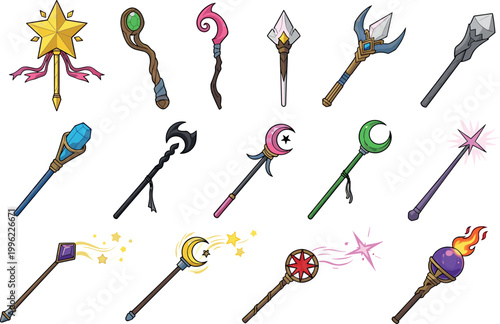 Magic wand collection vector illustration with fantasy staffs spells and mystical objects isolated on white background for game design