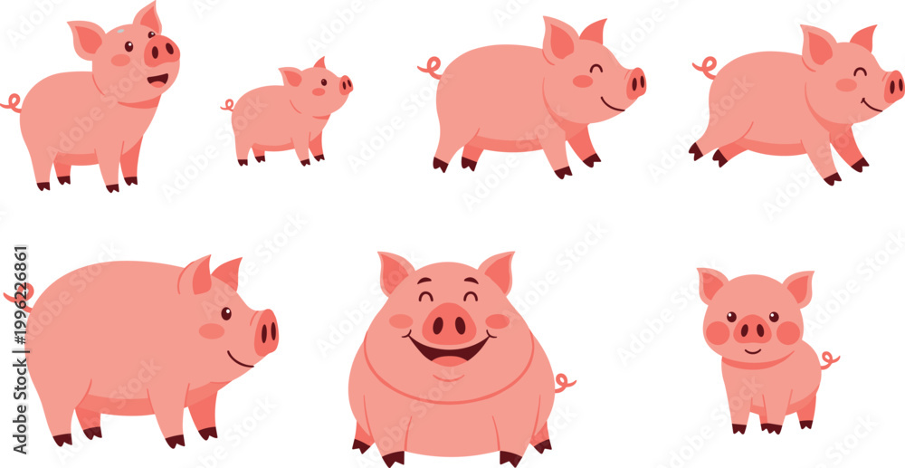 Fototapeta premium Cute pig cartoon collection vector illustration with happy farm animals in different poses isolated on white background