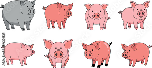 Pig cartoon characters vector illustration set with cute farm animals in different styles isolated on white background