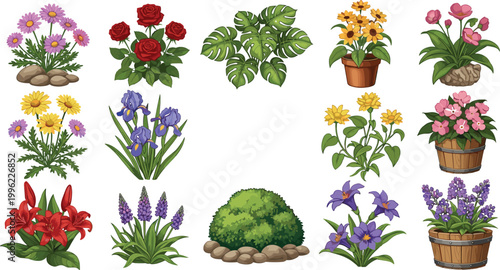 Garden flowers and plants collection set with roses, daisies, potted plants and shrubs in detailed flat cartoon vector illustration style