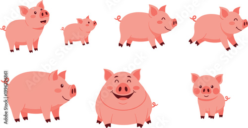 Cute pig cartoon collection vector illustration with happy farm animals in different poses isolated on white background