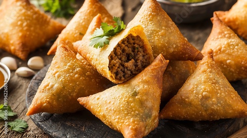 Crispy Triangular Keema Samosas with Cilantro: A Spicy and Flavorful Indian Appetizer on a Dark Slate