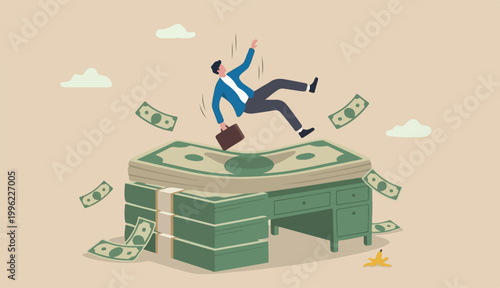 Insurance, reserve money or emergency fund on business failure, mistake or accident, compensation money support and cushion concept, fail businessman falling huge big desk money banknotes safety