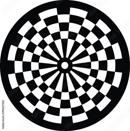 Black and white optical illusion circular pattern, geometric abstract design, concentric rings with radial wedges, visual perception art, hypnotic target effect illustration