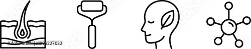 Skincare and Dermatology Icon Set. Hair Growth Face Roller and Molecular Formula Symbols