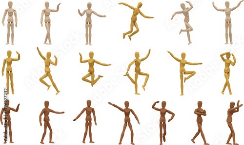 Wooden mannequin pose collection vector illustration with human dummy figures in dynamic positions isolated on white background