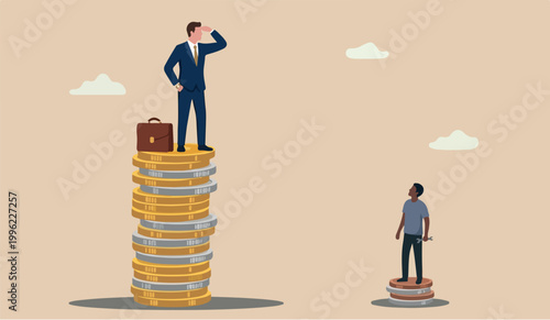 Economic inequality unfairness income, different money people being paid concept, white rich businessman standing on high salary coins tower with poor black man on low coins stack