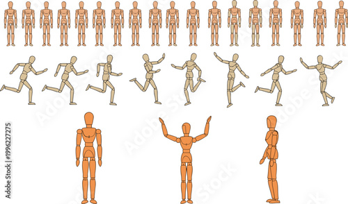 Human mannequin pose reference vector illustration set with articulated body figures in different positions isolated on white background