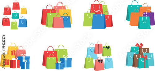 Colorful shopping bags collection vector illustration with retail packages and gift boxes isolated on white background for sale design