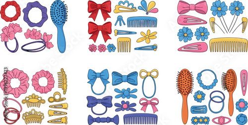 Hair accessories collection vector illustration with bows clips combs brushes and scrunchies isolated on white background for fashion design