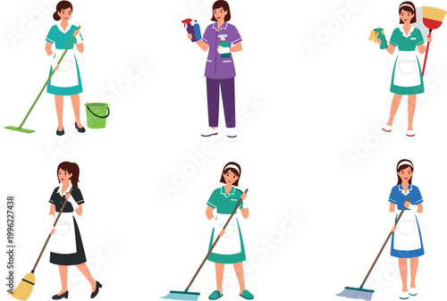 House cleaning women vector illustration set with maids using mop broom and spray tools isolated on white background