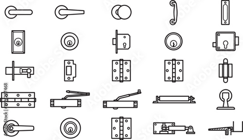 An assortment of detailed line art icons showcasing door hardware, perfect for architectural or design projects.
