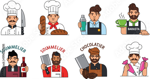 Professional Restaurant Staff and Culinary Worker Icon Set Featuring Chef, Baker, Barista, Sommelier, Butcher, and Pastry Cook for Food Industry Branding