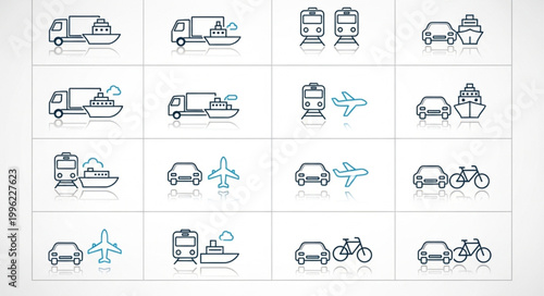 Collection of transportation icons representing various modes of travel.