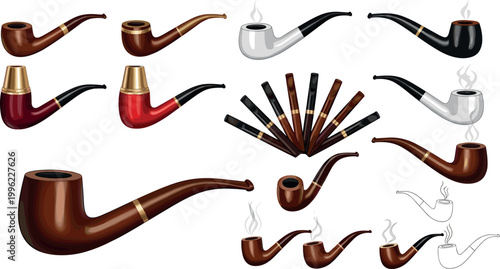Smoking pipes collection with wooden tobacco pipes in various shapes isolated on light background vintage accessory vector illustration set