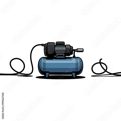 Air compressor pump illustration with a black hose and blue tank