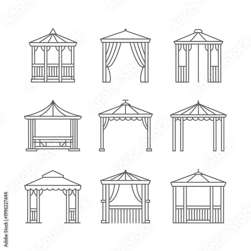 Gazebo vector illustrations of various outdoor structures with roofs and curtains