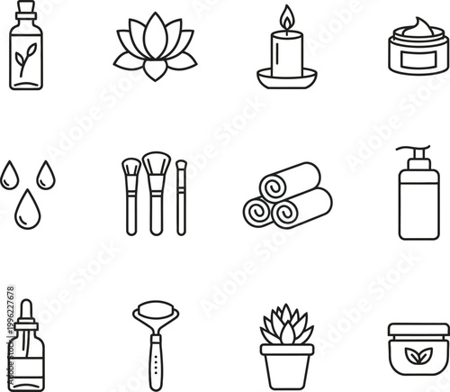 Spa and Wellness Icon Set for Skincare and Beauty Branding Featuring Essential Oil Lotus Flower Candle Face Cream Makeup Brushes Towels and Gua Sha Roller in Thin Line Style
