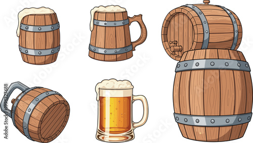 Wooden beer barrels and mugs collection with foamy ale drinks isolated on light background brewery vector illustration set