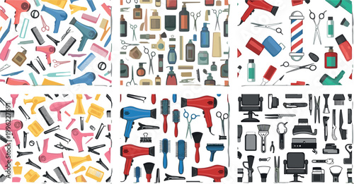 Hair salon tools patterns collection with hairdryers scissors combs and barber equipment isolated on light background seamless vector illustration set