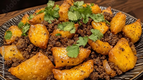 Abundant Keema Samosas with Cilantro: A Generous Serving of Spicy Meat Pastries on a Patterned Plate