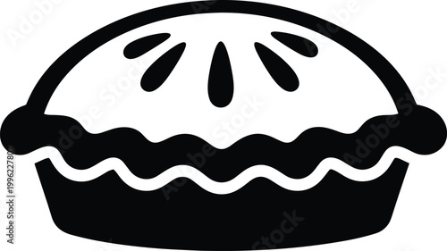 Black and white pie silhouette illustration, baked dessert icon, traditional pastry vector, simple graphic design element, food symbol for bakery and cooking artwork