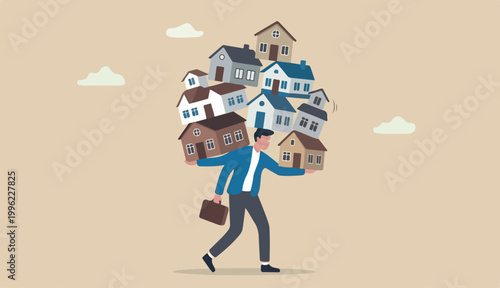 Housing investment risk, uncertainty of property mortgage loan and interest rate, real estate debt, buying many houses concept, tried businessman balancing unstable stack houses bought