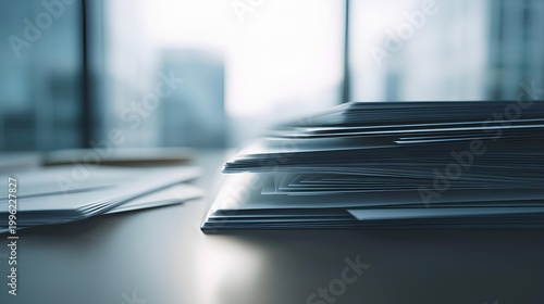 Paperwork Pile: A detailed look at a stack of documents and papers on a desk in an office, subtly lit, creating a focused and organized setting.