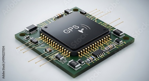 Closeup of a gps module on a green circuit board with various electronic components and gold pins