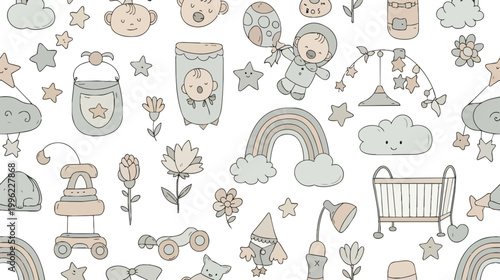 Whimsical baby pattern with crib rainbow clouds stars hand drawn gift wrap seamless background illustration whimsical childish decoration scrapbooking imagination creative