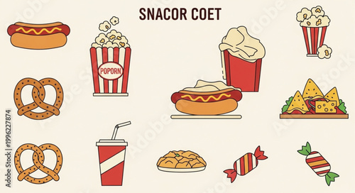 Collection of popular snack food items and drinks.