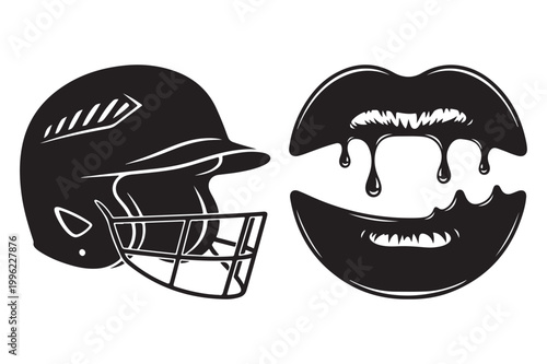 Sports helmet and bitten lips illustration with baseball protective faceguard