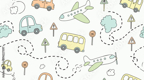 Children's transportation seamless pattern with hand drawn cars airplanes buses road sign transport airplane seamless illustration childish adventure background vehicles transportation