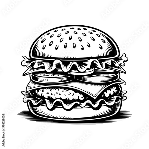 A black and white illustration of a hamburger with lettuce and cheese
