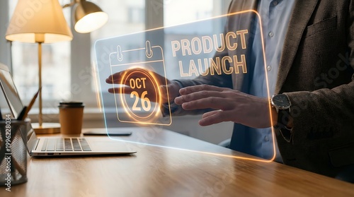 Man interacting with a futuristic holographic product launch calendar display in a modern office setting.