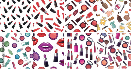 Colorful makeup cosmetics patterns collection with lipsticks blushes brushes and beauty products isolated on light background fashion vector illustration set
