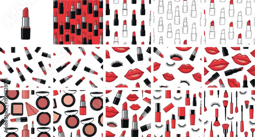 Makeup cosmetics patterns collection with lipsticks lips eyelashes and beauty products isolated on light background fashion vector illustration set
