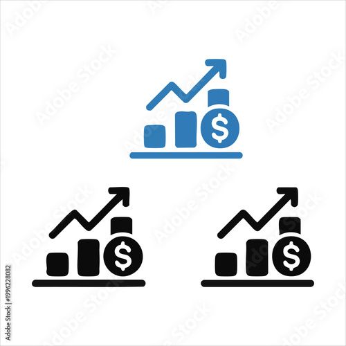 Stock market performance icon with rising arrow and coin symbols for corporate growth and results.