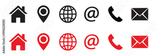 Contact information icon set. Black and red home, location, web, phone, and mail symbols for business card.