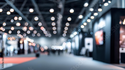 Exhibition Hall Ambience: The blurry lights of an exhibition hall guide the gaze through a panorama of industry, capturing the energy of commerce. 