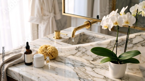 Luxurious white marble bathroom vanity with gold faucet dripping water. Spa and wellness skincare products with white orchid on hotel sink