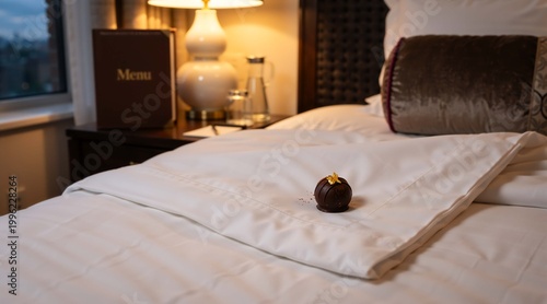 Luxury hotel turndown service with chocolate truffle on white bed sheets. Gourmet sweet treat amenity in bedroom with menu on nightstand