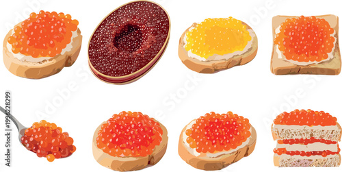 Red and yellow caviar appetizers collection with sandwiches and roe delicacies isolated on light background gourmet food vector illustration set