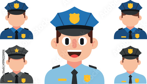 Police officer avatars set with different uniform styles and cartoon faces isolated on light background law enforcement vector illustration