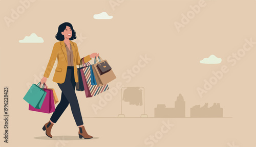 Shopping at retail store, happiness a joyful buying discount stuff, shopaholic into fashionable concept, stylish cheerful too lady woman walking carrying lot of shopping bags