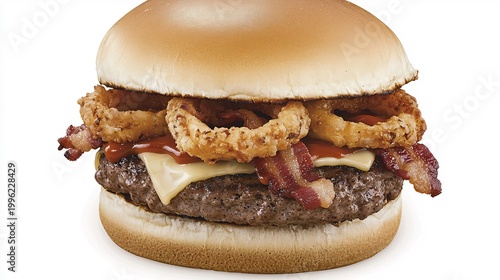 Towering Double Bacon Burger with Crispy Onion Rings and Savory Sauce, Delicious Fast Food