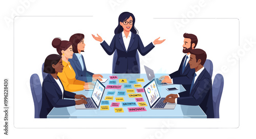 Businesswoman leading a diverse team in a meeting with laptops and colorful sticky notes on the table