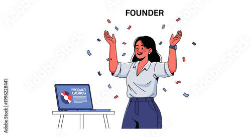 Founder celebrates success with laptop and confetti